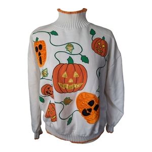 Westbound Petite Pumpkin Patch White & Orange L Sweater Cotton Embroidered Knit